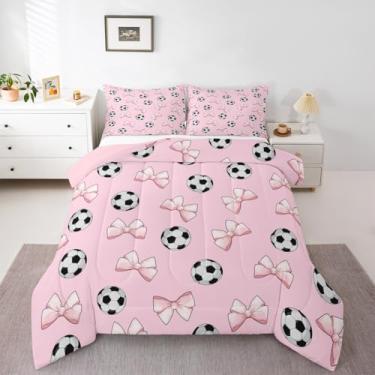 Imagem de Feelyou Jogo de cama de edredom de futebol americano, para crianças, meninos, meninas, adolescentes, rosa, tamanho casal, com laço fofo, decoração de quarto, presente para amantes de futebol, 3 peças