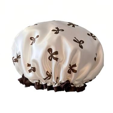 Imagem de Toucas de banho impermeáveis reutilizáveis para mulheres - Design de camada dupla padrão e cor sólida para chuveiro, spa, cozinha e viagem proteção de cabelo (branca)