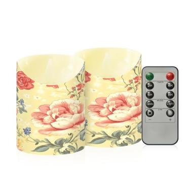 Imagem de Wassud Pacote com 2 velas florais vintage (2) velas sem chama com controle remoto, velas realistas cintilantes com temporizador, velas decorativas para Natal, casamento, festa, decoração de casa