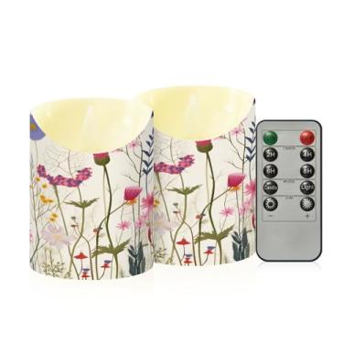 Imagem de Wassud Pacote com 2 velas coloridas sem chamas florais selvagens com controle remoto, velas realistas cintilantes com temporizador, velas decorativas para Natal, casamento, festa, decoração de casa