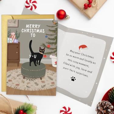 Imagem de Cartão de Natal engraçado para amantes de gatos, cartão de Natal de gato preto para dono de animal de estimação, cartões de Natal engraçados para homens e mulheres