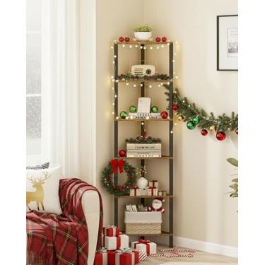 Imagem de TUTOTAK Prateleira de canto, estante de canto de 6 camadas para espaços pequenos, suporte de prateleira de canto estreito com rack de armazenamento, para sala de estar, quarto, marrom rústico