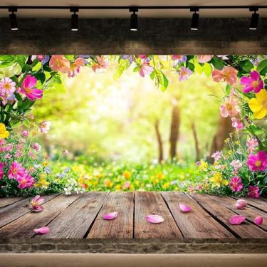 Imagem de Grtuspr Fundo de fotografia floral de fundo de primavera, flores coloridas, piso de madeira, cenário de natureza, cenário de jardim, pano de fundo para crianças, decoração de festa de aniversário
