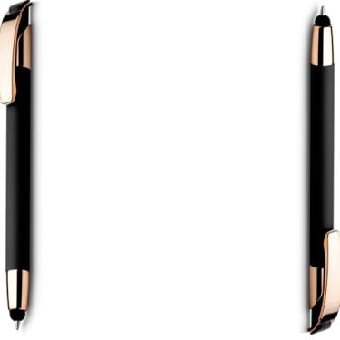 Imagem de Caneta esferográfica em metal escrita em azul com detalhe em dourado rosé. Refil tipo parker e ponta touch emborrachada Design moderno (Kit 2 Preto)