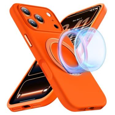 Imagem de FEWGEY Capa de silicone para iPhone 17 Pro, com suporte magnético giratório 360 compatível com MagSafe e controle de câmera, aderência aconchegante de silicone líquido macio, laranja