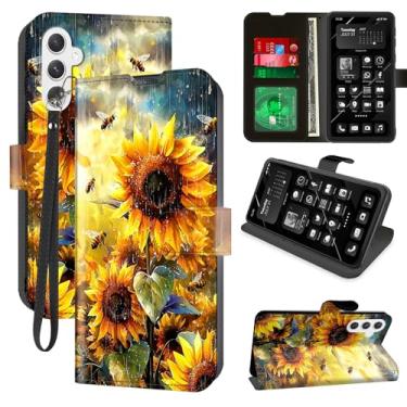 Imagem de Capa carteira para Samsung Galaxy A15 5G com bloqueio RFID, 4 porta-cartões, suporte, alça de pulso – Capa protetora magnética de couro PU para Galaxy A15, girassol e abelhas na chuva