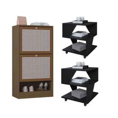 Imagem de Kit Sapateira 2 Portas E 2 Mesas De Cabeceira-centro Poquema Preto-carvalho