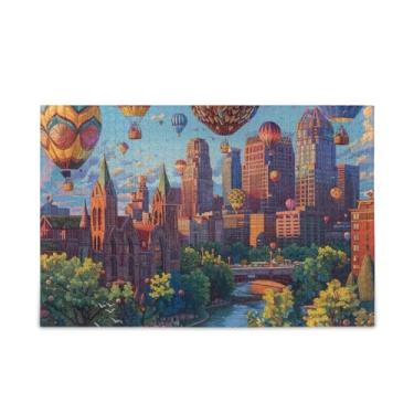 Imagem de Quebra-cabeça de 500 peças, balões de ar quente, paisagem urbana, quebra-cabeça engraçado para adultos, 52 cm C x 37,8 cm L