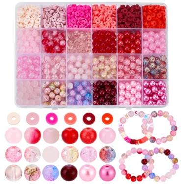 Imagem de PH PandaHall 1500 contas vermelhas rosa para fabricação de joias, 25 estilos de contas de vidro redondas de 8 mm com contas de argila de polímero de 6 cores para pulseira da amizade, colar, brinco