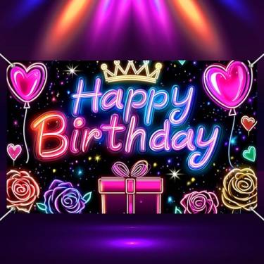 Imagem de BlissYard Banner neon feliz aniversário brilhante decoração de festa 71 x 43 polegadas com coroa balões corações presentes design rosas cabine foto pano de fundo suprimentos para crianças adultos