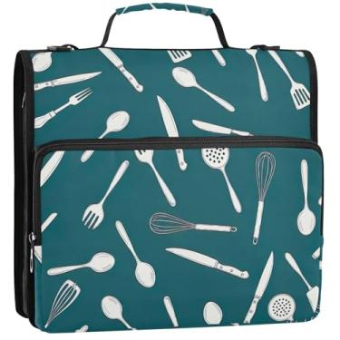 Imagem de Organizador de fichário com zíper, branco, utensílios de cozinha, colheres, fichários de 3 cm, 3 anéis, bolsa escolar colorida resistente com alça de ombro, pasta de armazenamento com alça, 34,5 x