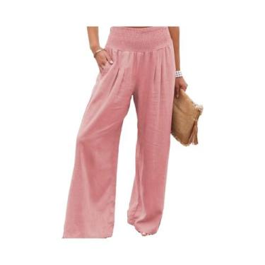 Imagem de Calças Casuais Femininas De Perna Larga Com Cordão Na Cintura Média Es