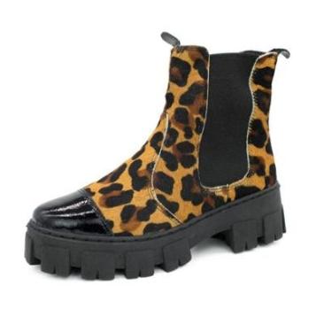 Imagem de Bota Chelsea Tratorada Feminina Couro Animal Print Onça Plataforma Confortavel Dia a Dia-Feminino