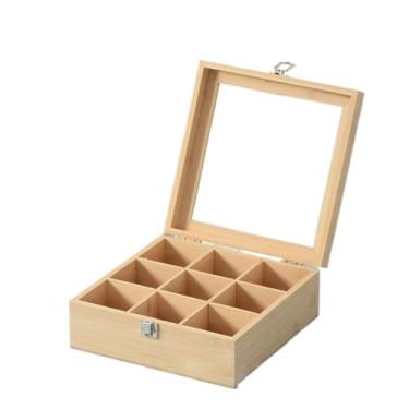 Imagem de Organizador de saquinhos de chá de madeira, caixa organizadora de chá com 9 compartimentos com janela transparente, caixa de armazenamento multifuncional para saquinhos de chá para armário