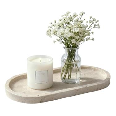 Imagem de GEOONA Bandeja oval de travertino para organizador de bancada de cômoda de banheiro, bandeja de mármore natural para perfume, velas, anel, prato decorativo de joias