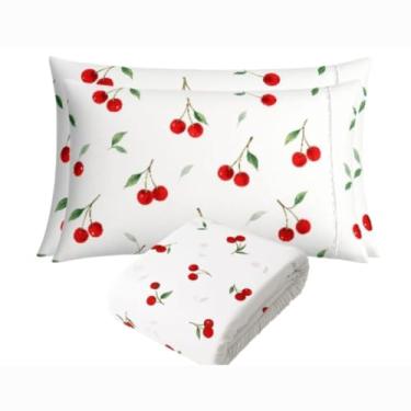 Imagem de Jogo de Lençol Estampado Cereja com Ponto Palito, Percal 180 Fios, Solteiro Casal Queen (BRANCO, QUEEN)