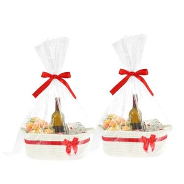 Imagem de Pacote com 2 cestas de tecido vazias, 37 x 23 x 13 cm, armazenamento de cesta de corda pequena com laço e bolsa, caixa decorativa vazia para o dia dos namorados com alça para casa de casamento (branca