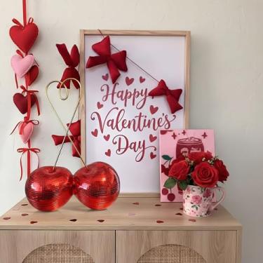 Imagem de Kathfly Bola de discoteca cereja para Dia dos Namorados com haste de coração Jumbo Double Cherry Decorações de festa bola espelhada para mesa de dia dos namorados centro de mesa decoração de bar para