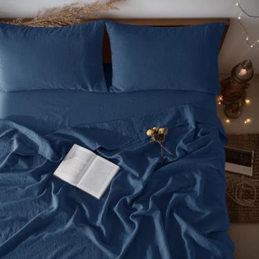 Imagem de LBRO2M Jogo de lençol 100% linho, bolso profundo de 48 cm, conjunto de lençóis de cama de 4 peças, lençóis de linho natural de cor lisa, macio, respirável, todas as estações (casal, azul marinho)