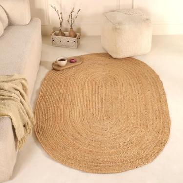 Imagem de VEVARA HOMES Tapete de juta feito à mão, fibra natural, tapete de fazenda sólido reversível para quarto, sala de estar, sala de jantar, escritório, cozinha, oval de 1,5 x 2,8 m