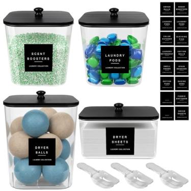 Imagem de POLRAI Pacote com 4 recipientes para lavanderia e suporte de folha de secadora de frascos de acrílico com tampas e etiquetas de bambu, recipientes de organização de lavanderia para armazenamento de