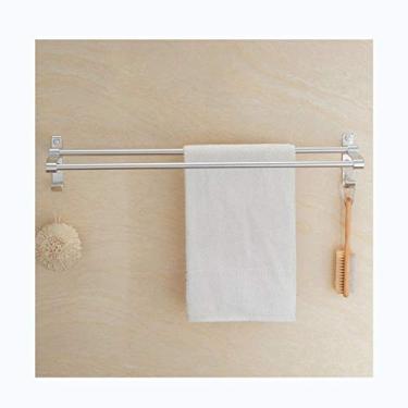 Imagem de CGKs6anmU Prateleira de banheiro toalheiro espaço alumínio toalha dupla fileira prateleira para banheiro com 2 ganchos instalação de perfuração montada na parede 6 mm furos de montagem 0806 (tamanho