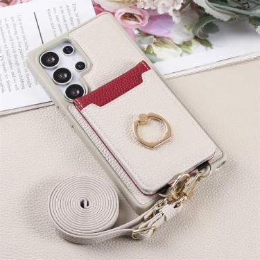 Imagem de Capa carteira com alça transversal, compartimentos para cartões, suporte integrado e design de anel para Samsung Galaxy S25 Edge, S24 FE, S23 Ultra e S22 Plus, bege.