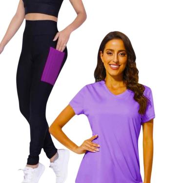 Imagem de Conjunto CAMISETA Blusinha DRY MALHA FRIA POLIAMIDA + Calça LEGGING BOLSOS Academia Fitnes 534-Feminino