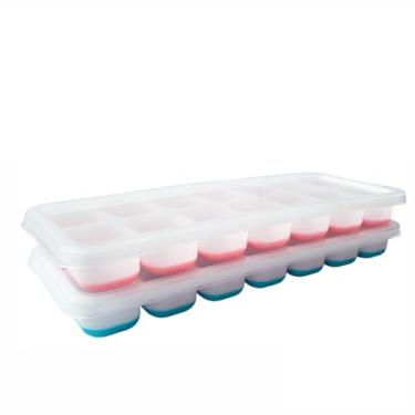 Imagem de 2 Forma de Gelo Retangular com Tampa e Fundo de Silicone Multiuso 14 Cubos (Rosa e Azul)