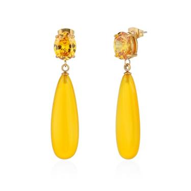 Imagem de TaYolnFaSo Brinco de gota de pedra do mês de nascimento para mulheres banhado a ouro 18 k com corte oval de pedra preciosa sintética CZ gota natural joia de pedra de lágrima presente de dia dos