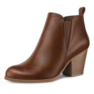 Imagem de mysoft Bota feminina de cano baixo, corte em V, painel elástico, salto grosso, com zíper lateral, Marrom, 40