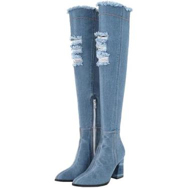 Imagem de MAVMAX Botas femininas de cano baixo, bico fino, salto alto, jeans, azul, cano médio, cano médio, com zíper lateral, Azul claro longo, 40