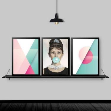 Imagem de Kit 3 Quadros Abstratos Audrey Chiclete 24X18 Moldura Preta