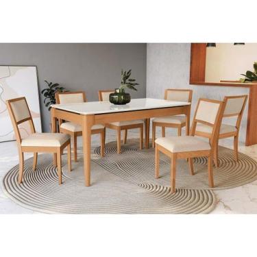 Imagem de Conjunto Mesa Mira Premium Madeira Maciça c/ Tampo Madeirado c/ Vidro 