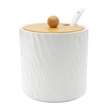 Imagem de Açucareiro De Cerâmica Branco C/ Tampa Bambu Colher Saleiro - CLICK HO
