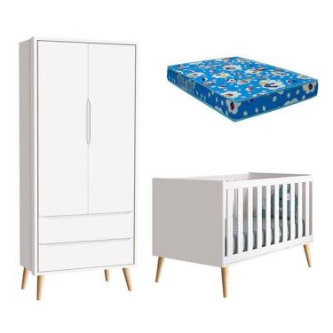Imagem de Berço Americano E Guarda Roupa 2 Portas Infantil Theo Branco Acetinado Com Pés Madeira Natural E Colchão ? Reller