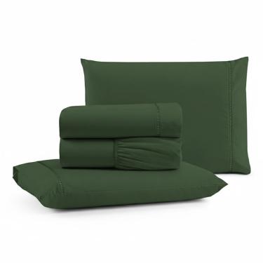 Imagem de Jogo De Lençol Queen Premium Soft 600 Fios Micropercal Verde Escuro Ponto Palito Toque Macio 4 Peças