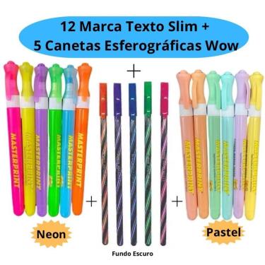Imagem de Kit Marca-Texto e Caneta Esferográfica OEM Masterprint Slim Ponta 0.7mm com 12 Unidades Pastel e Neon