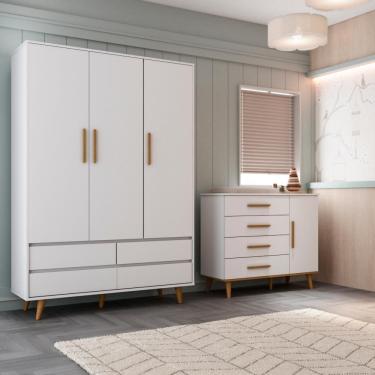 Imagem de Quarto Bebê Retrô Cômoda Infantil Fraldário Ludmila Guarda Roupa Lorena 100% MDF Branco Carolina Baby