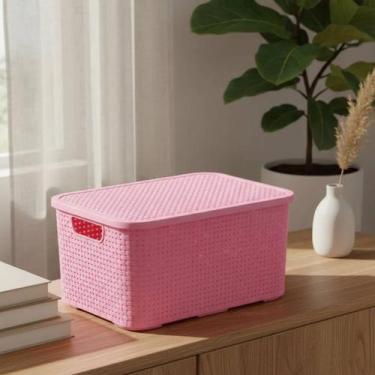 Imagem de Caixa Organizadora 7 Litros Rattan Rosa Com Tampa Organizador de Armár