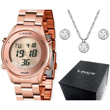 Imagem de Kit relógio lince feminino rose gold digital com colar e brinco sdr463