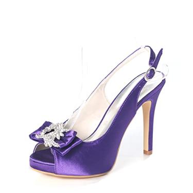 Imagem de Sapatos de casamento de noiva de salto alto de cetim marfim Peep Toe feminino sapatos de salto agulha com strass 35-42,Dark purple,2 UK/35 EU