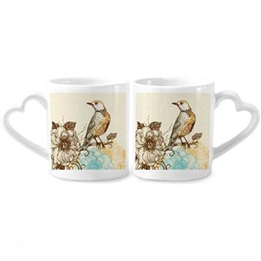 Imagem de Conjunto de canecas de porcelana para casais, lápis coloridos, pássaros, flores e flores, coração