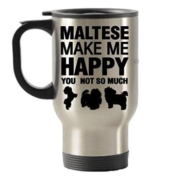 Imagem de Caneca de viagem isolada Maltese Make Me Happy em aço inoxidável