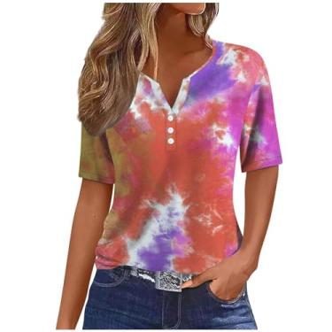 Imagem de Camisetas femininas de manga curta outono verão gola V gradiente ajuste solto tie dye longo camiseta feminina 2024, K-69 multicolorido, 3G