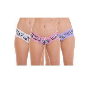 Imagem de Kit de 3 Calcinhas Caleçon Zebra com Renda BR Lingerie, Branco, Rosa, 