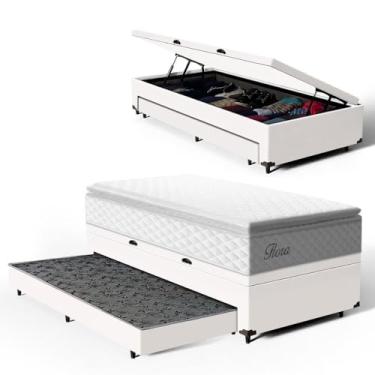Imagem de Bicama Box Baú Solteiro com Colchão de Molas Ensacadas Pillow Top Flora + Auxiliar Unique 88cm (Branco)