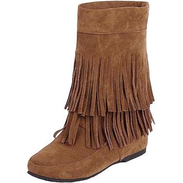 Imagem de Botas de cano curto com franja para mulheres, bico redondo, cor lisa, salto anabela, cano curto, sem cadarço, botas de camurça modernas, botas de salto baixo, Amarelo, 8.5