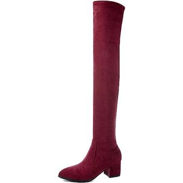 Imagem de Botas femininas de inverno quentes para neve salto alto camurça botas longas acima do joelho botas para uso ao ar livre, Vinho, 35 BR