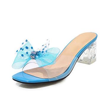 Imagem de Bigfanshu Sandálias femininas de salto alto 2021 moda bico aberto laço de plástico coreano salto grosso cristal e elegante sandália feminina temperamento, Pavão azul, 35 BR